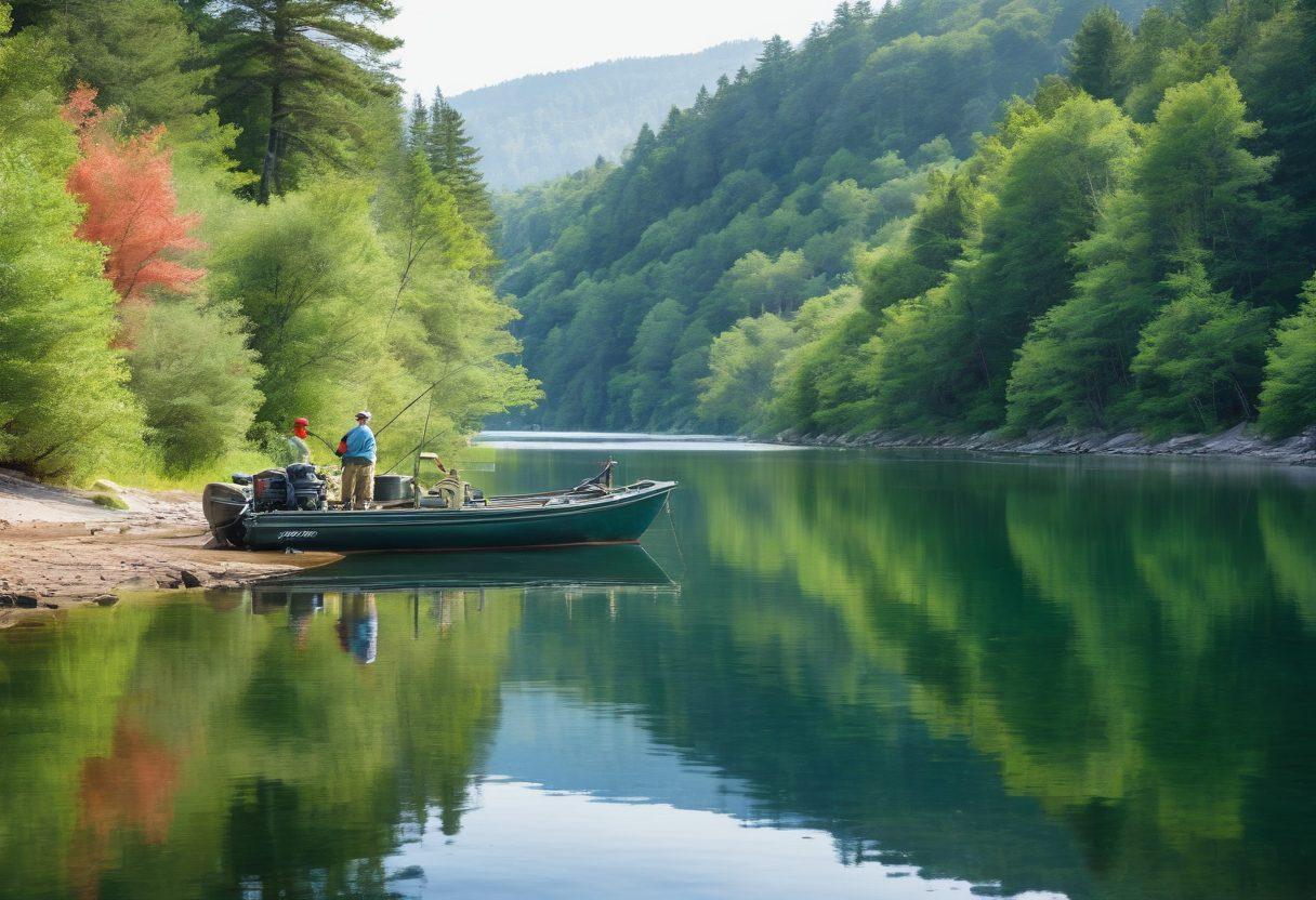 A serene lakeside scene showcasing a diverse group of anglers equipped with budget-friendly fishing gear and kits. Include various fishing rods, tackle boxes, and a vibrant assortment of bait, with a backdrop of lush greenery and a calm, reflective water surface. Capture the spirit of camaraderie and adventure among anglers, emphasizing economical yet effective fishing techniques. watercolor style. bright and cheerful colors.