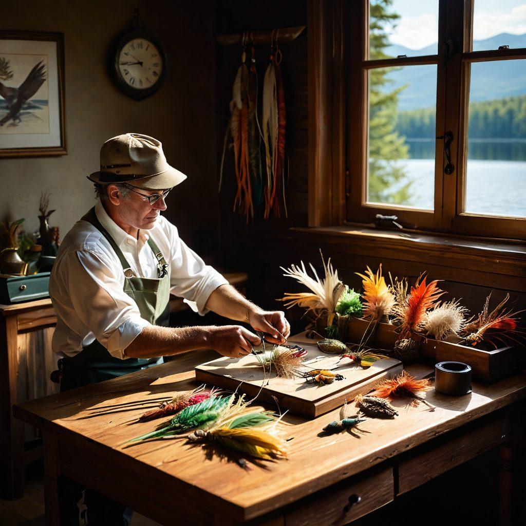 An intricate scene showcasing a skilled angler meticulously tying flies at a wooden table scattered with vibrant feathers, threads, and tools. Sunlight streams through a nearby window, illuminating the textures of the materials and casting warm shadows. In the background, a serene fishing landscape with a tranquil lake and luscious greenery invites viewers to the world of fishing adventures. The overall atmosphere exudes a sense of craftsmanship and passion for fly tying. super-realistic. vibrant colors. soft focus.