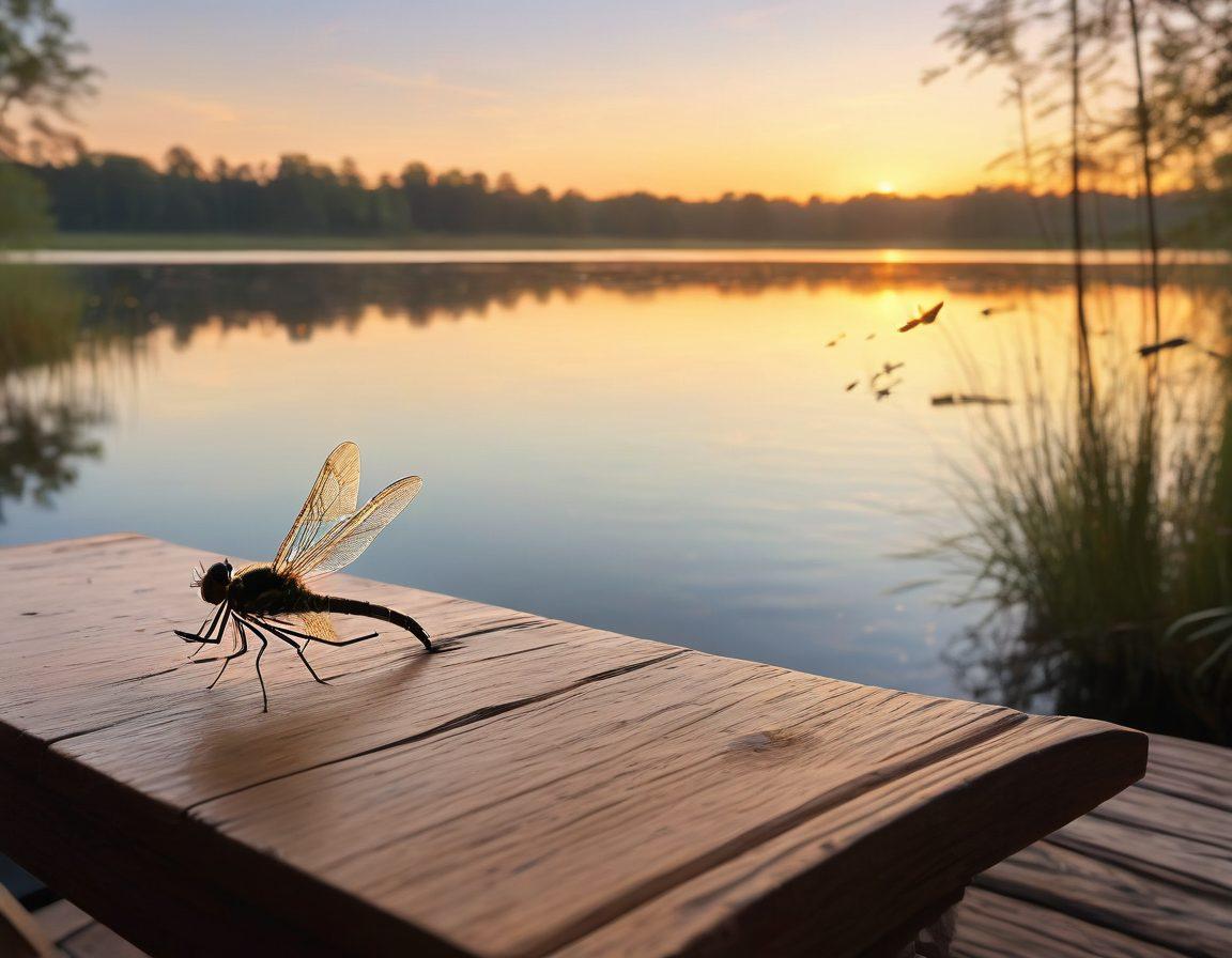 A serene fishing scene at dawn, showcasing a diverse range of colorful budget flies scattered artfully on a wooden table. In the background, a tranquil lake reflects the early morning light with a silhouette of a fisherman casting his line. Soft, warm colors evoke a sense of passion for angling, while the flies demonstrate their unique designs. Include whimsical touches like dragonflies hovering nearby to enhance the atmosphere. vibrant colors. super-realistic.